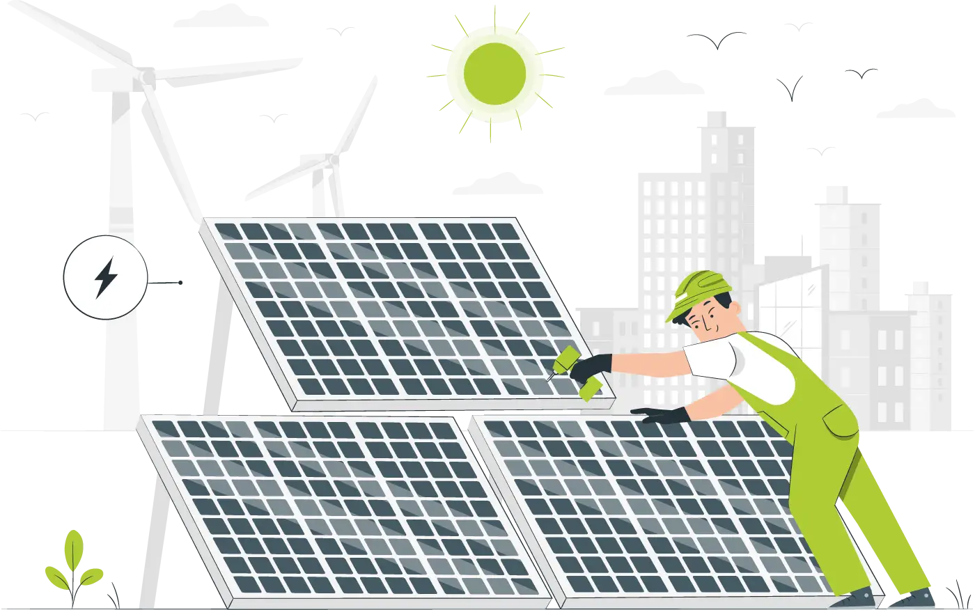 Illustration of a worker cleaning solar panels, embracing change with wind turbines and city buildings in the background.