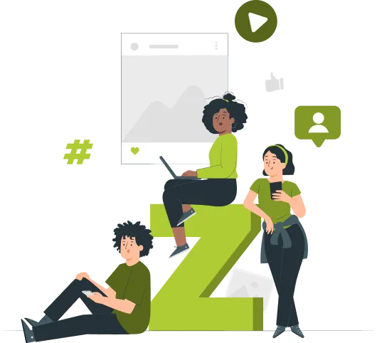 Illustration of Gen Z professionals using laptops and phones while gathered around a large letter ‘Z’, symbolizing their generation. Surrounded by social media icons, the image represents digital engagement and strategies for Gen Z employee retention.