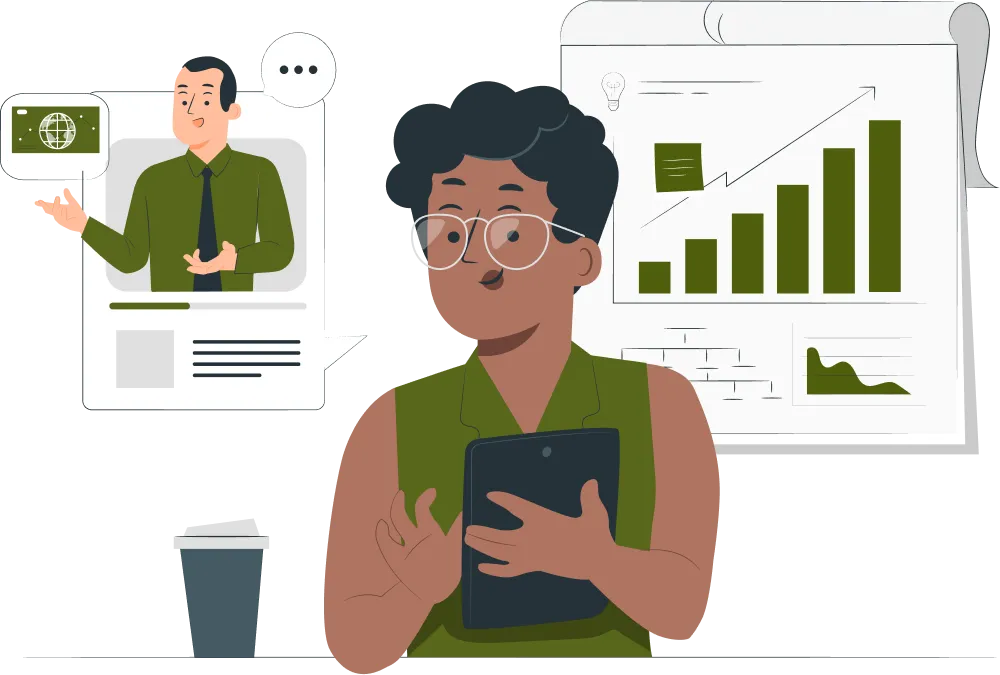 Illustration of a Gen Z employee holding a tablet and smiling, with a coffee cup nearby. Behind them, charts showing upward trends and virtual communication with a colleague suggest strategies for employee retention and digital workplace engagement.