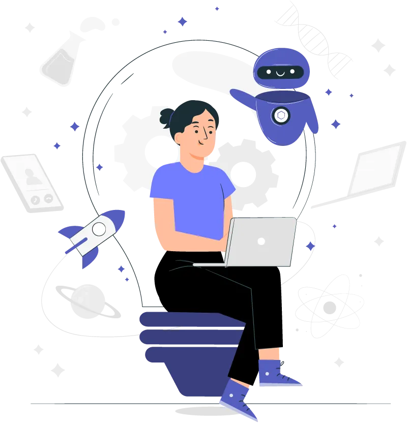 Illustration of person working on a laptop alongside AI robot and digital icons, representing talent development in the Industrial Revolution 2.0.