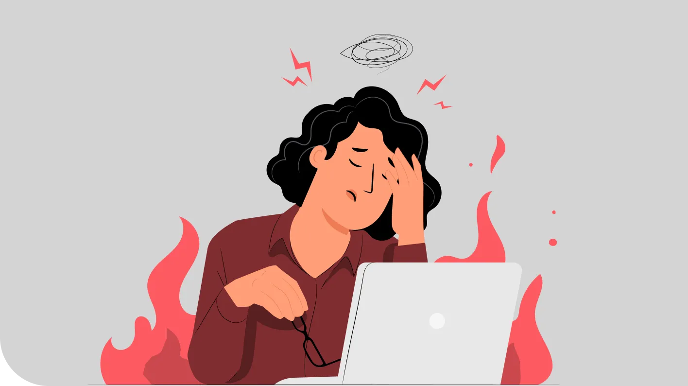 Illustration of woman holding her glasses with hand on head in front of a laptop and flames behind her representing burnout
