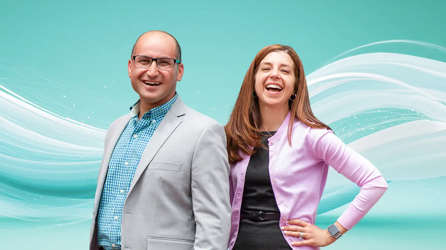 Man and woman in business clothing on teal background with waves