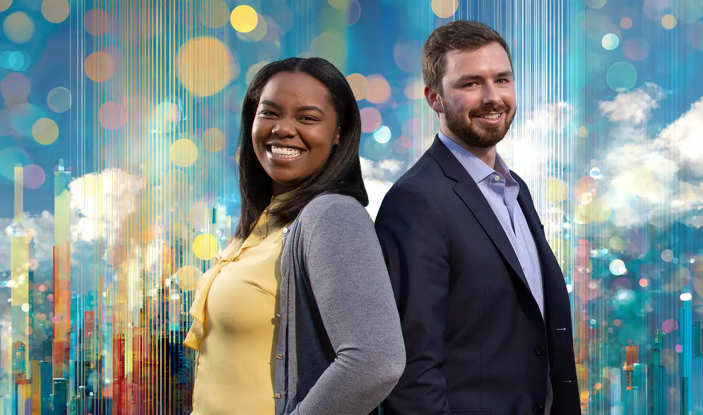 Two business professionals standing back-to-back and smiling in front of a colorful abstract digital background.
